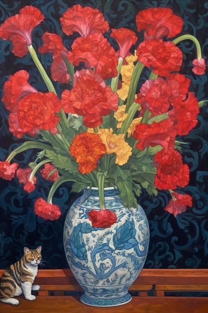 Una pintura de un jarrón azul y blanco con flores rojas.