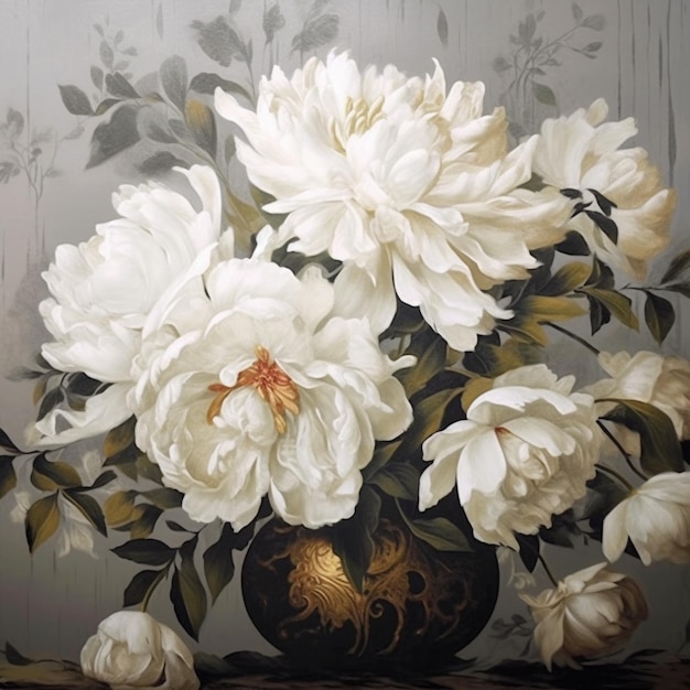 Pintura de un jarrón de flores blancas sobre una mesa generativa ai