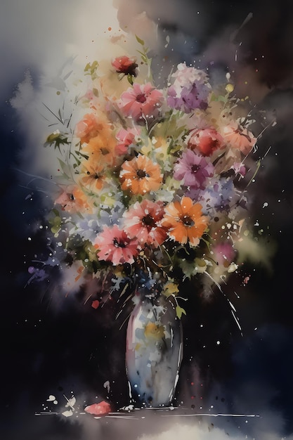 Una pintura de un jarrón de flores con un chorro de agua.
