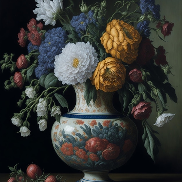 Una pintura de un jarrón con flores en él
