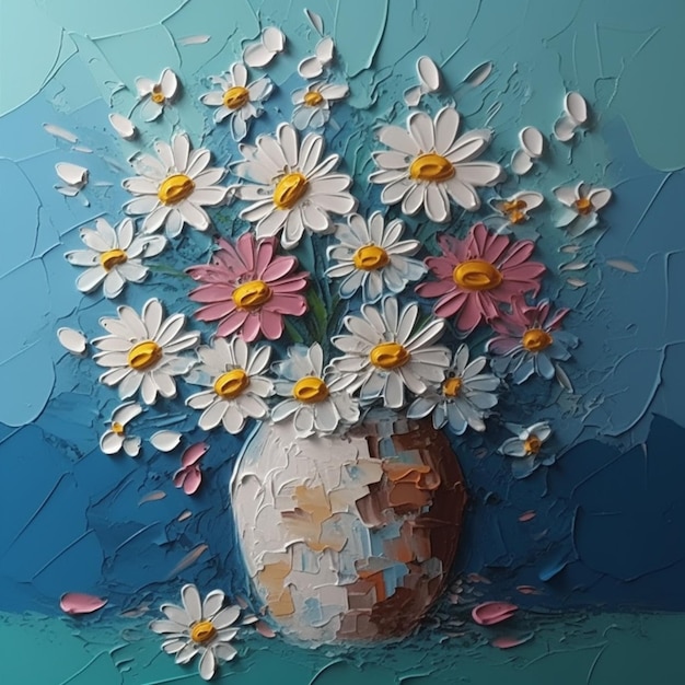 Una pintura de un jarrón de flores con un fondo azul.