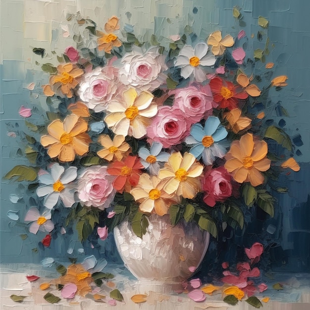 Una pintura de un jarrón de flores con un fondo azul.