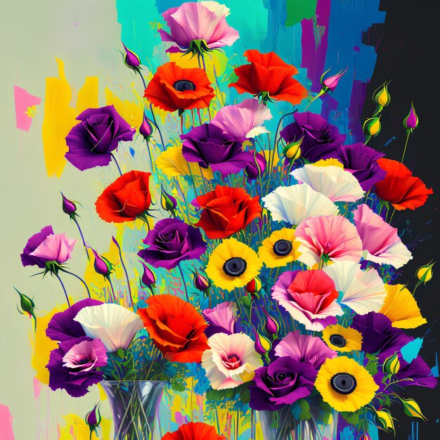 Una pintura de un jarrón de flores con un fondo colorido.