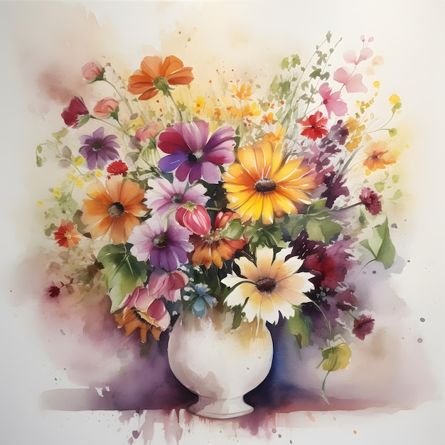 Una pintura de un jarrón de flores con un fondo colorido.