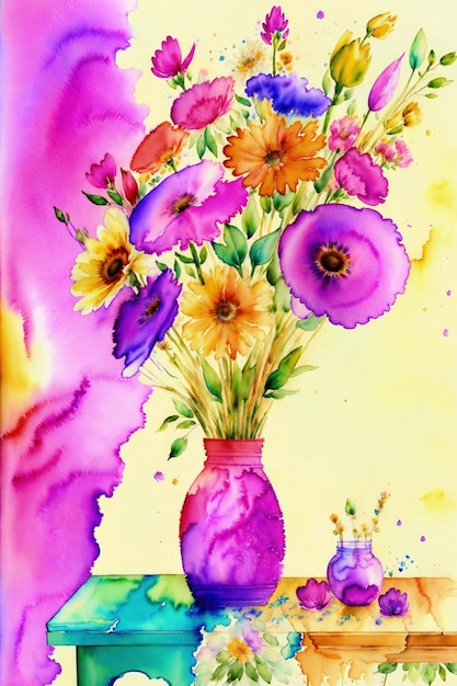 Foto una pintura de un jarrón con flores y un jarrón morado con una corona.