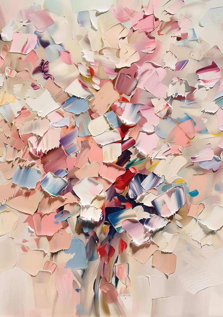 pintura de un jarrón de flores con muchos pétalos rosados y azules