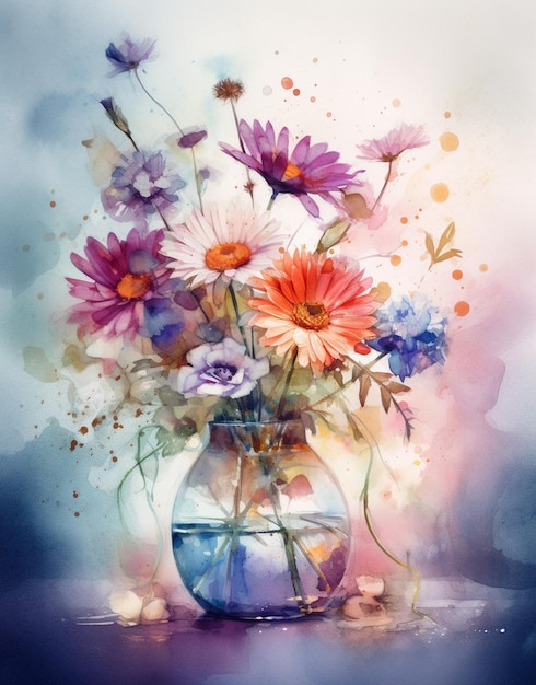 Una pintura de un jarrón de flores con salpicaduras de agua a su alrededor.