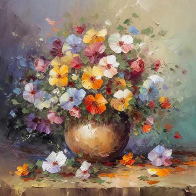 Una pintura de un jarrón de flores sobre una mesa.
