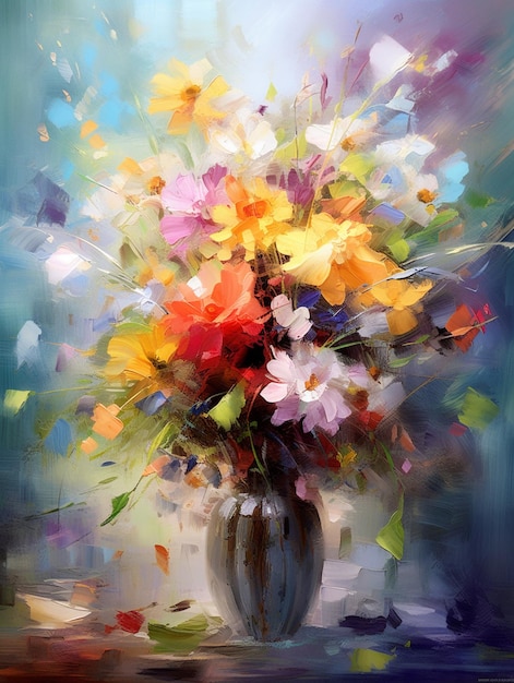 Una pintura de un jarrón con flores.