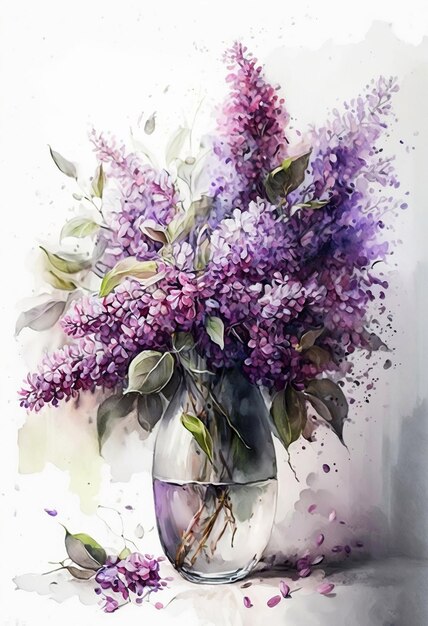 Una pintura de un jarrón de lilas moradas.