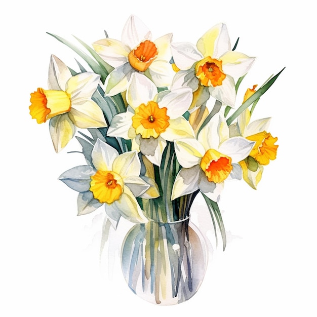 Una pintura de un jarrón de narcisos con flores amarillas y naranjas.