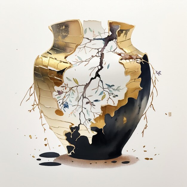 Foto una pintura de un jarrón con una obra de arte rota que dice la palabra en él
