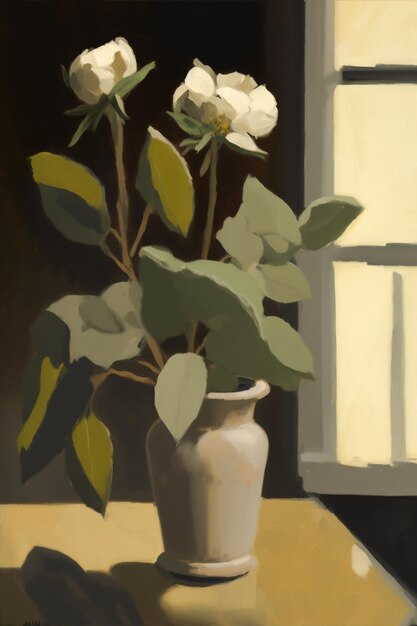 Una pintura de un jarrón con una rosa blanca.