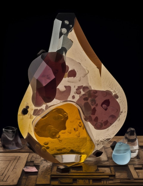 Una pintura de un jarrón de vidrio con un líquido amarillo en el interior.