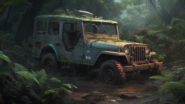 Una pintura de un jeep en la selva