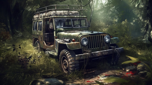 Una pintura de un jeep en la selva