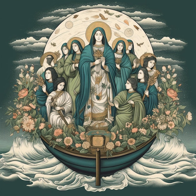 Una pintura de Jesús en un barco con flores y pájaros.