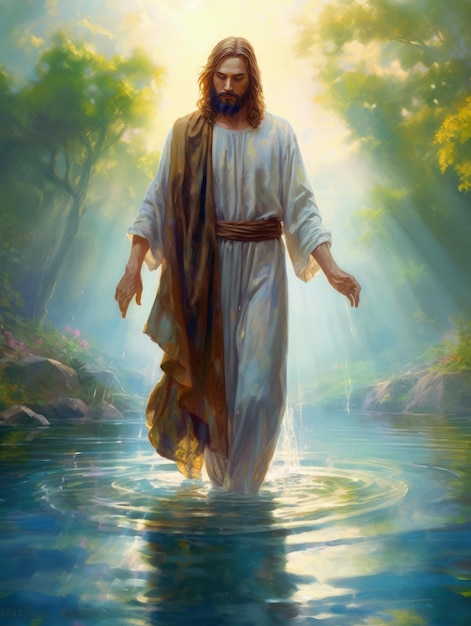 Foto una pintura de jesús caminando en el agua con el sol brillando sobre él.