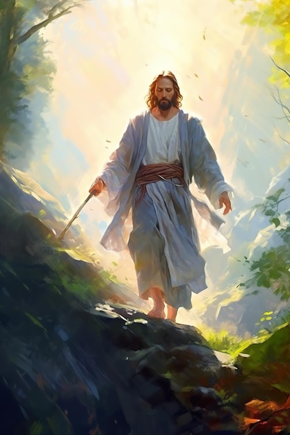 Una pintura de jesus caminando en el bosque imagen ai generativa