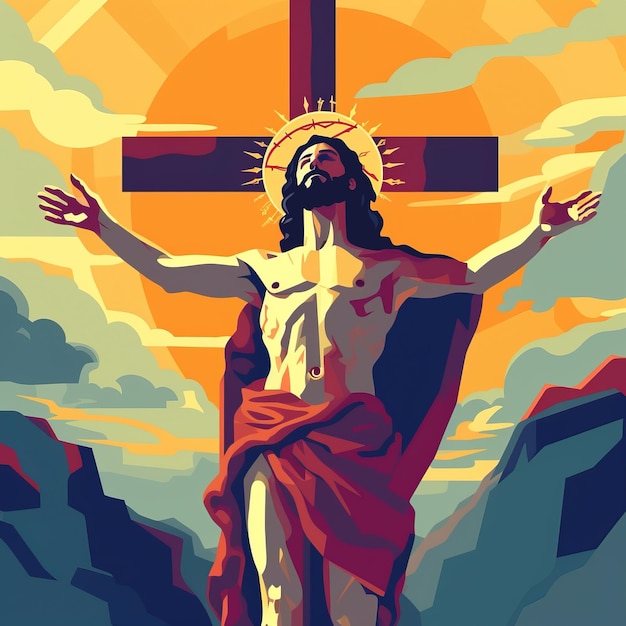una pintura de Jesús en la cruz con montañas en el fondo