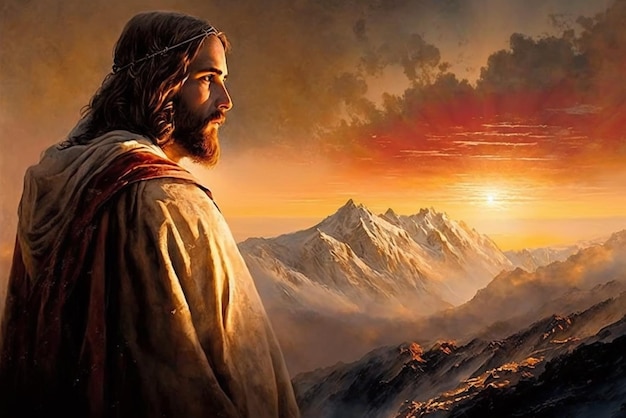 Una pintura de Jesús en un entorno hermoso