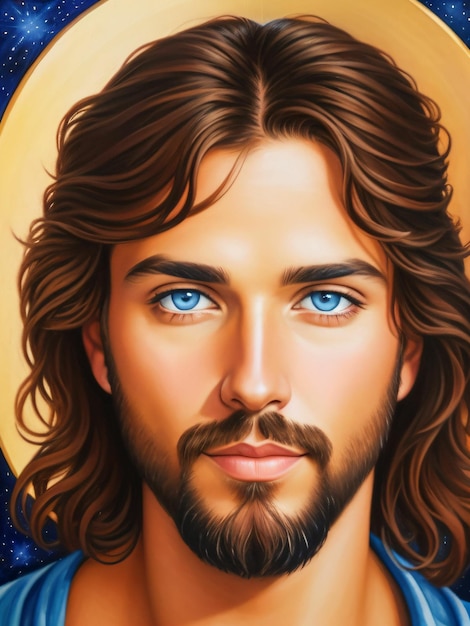 una pintura de jesus joven con ojos azules