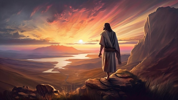 Una pintura de jesus mirando la puesta de sol