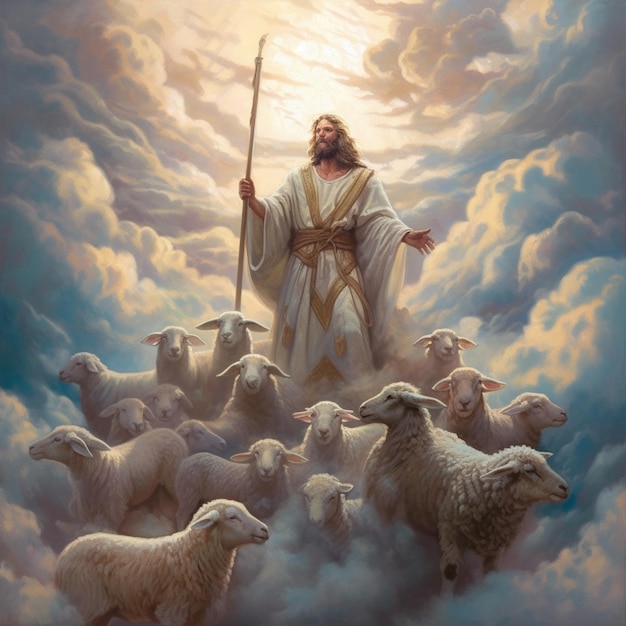 Pintura de jesús parado en las nubes con ovejas y sosteniendo un bastón ai generativo