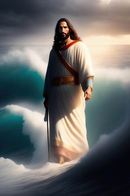 Foto una pintura de jesús parado en el océano con el cielo detrás de él.