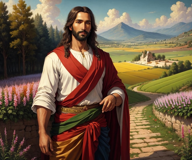 Una pintura de Jesús de pie en un campo de flores.