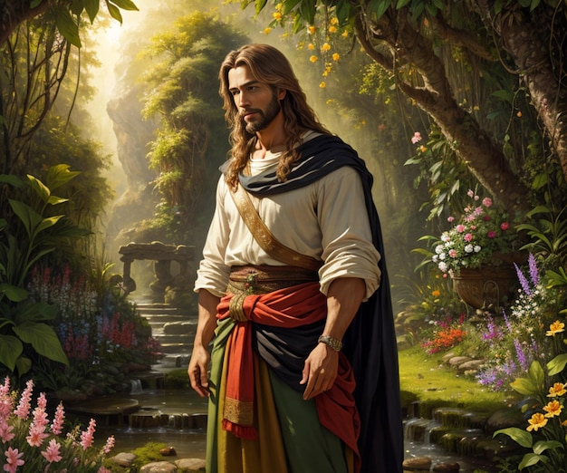 Una pintura de jesús de pie en un jardín con flores y plantas.