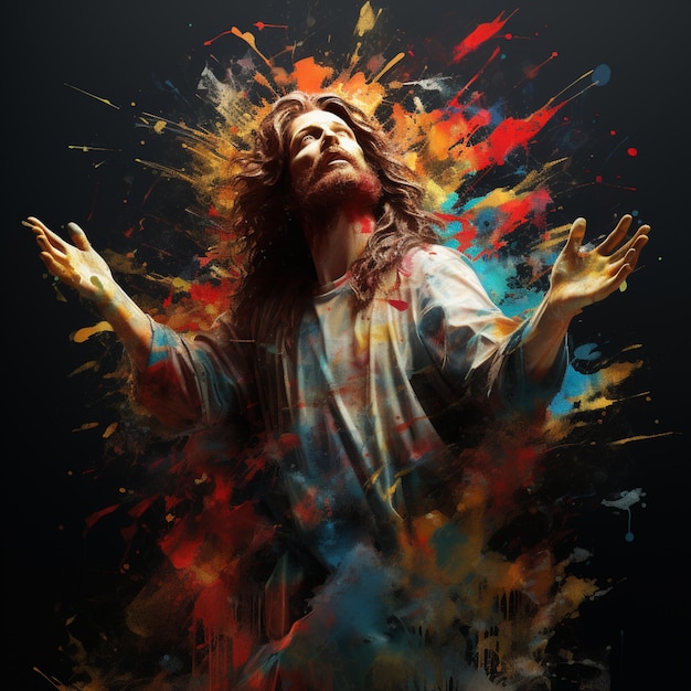 Foto pintura de jesús con salpicaduras de pintura en su rostro y manos generativa ai