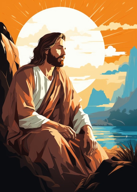 Una pintura de Jesús sentado sobre una roca junto al agua Imagen digital