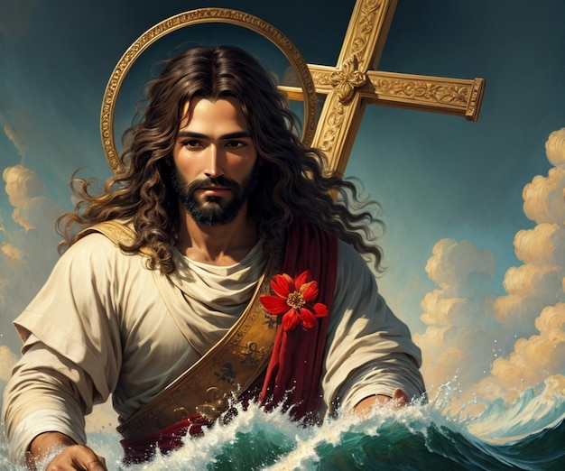Una pintura de Jesús sosteniendo una cruz en el agua.