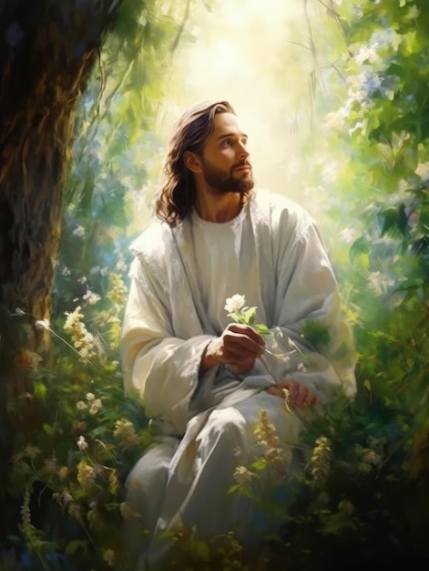 Una pintura de Jesús sosteniendo una flor en el bosque.