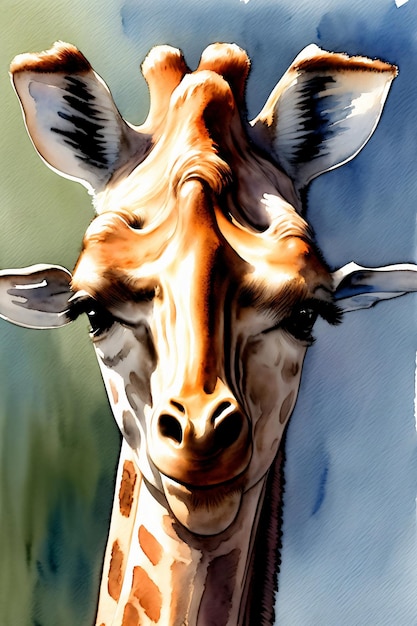Una pintura de una jirafa con un fondo azul.