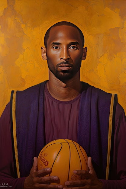 Foto una pintura de un jugador de baloncesto con un fondo amarillo