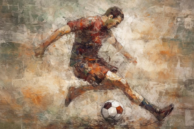 Una pintura de un jugador de fútbol pateando una pelota.