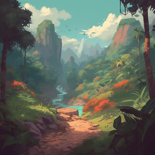 Una pintura de una jungla atravesada por un río.