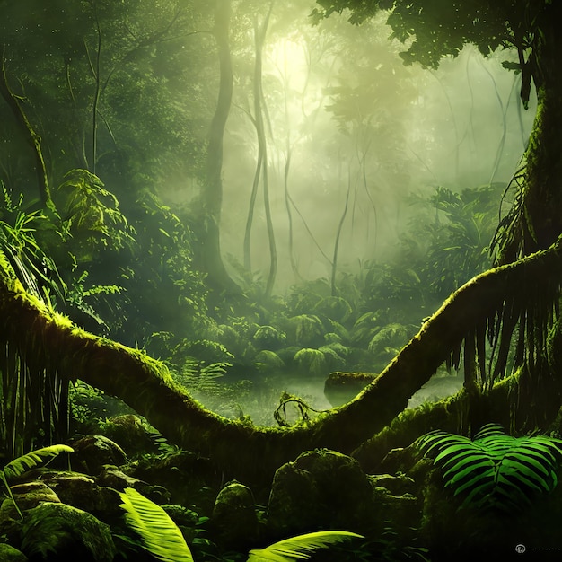 Una pintura de una jungla con un gran árbol en el medio.