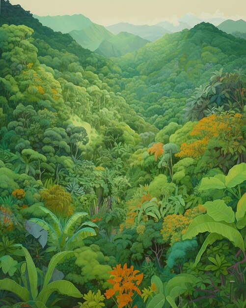 Una pintura de una jungla con una montaña al fondo.