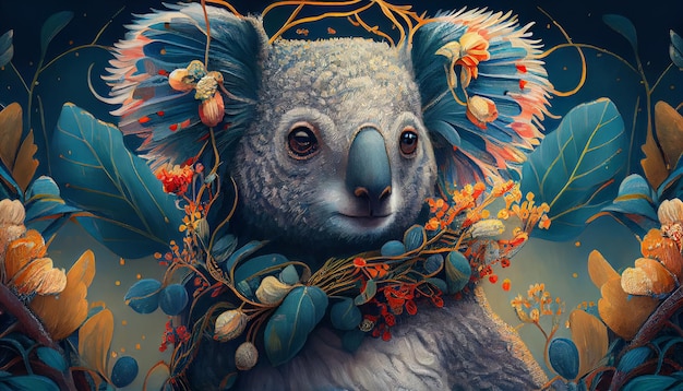 Una pintura de un koala con flores y hojas.