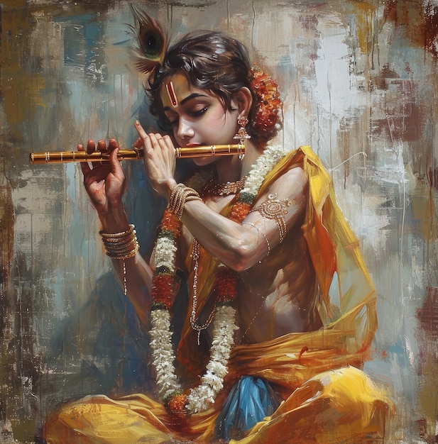 Foto pintura de krishna tocando la flauta