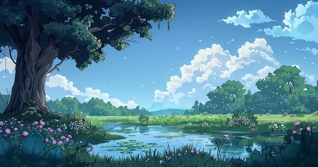 una pintura de un lago con un árbol y un cielo nublado