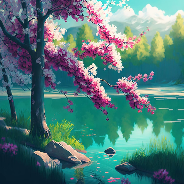 Una pintura de un lago con un árbol con flores rosas y un lago al fondo.