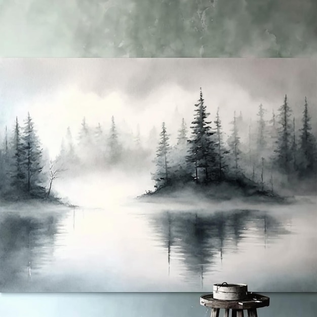 pintura de un lago con árboles y niebla en el fondo generativo ai