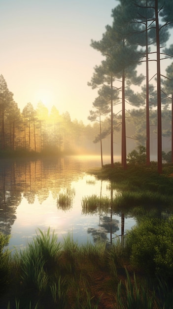 Una pintura de un lago con árboles en primer plano y el sol brillando sobre el agua.