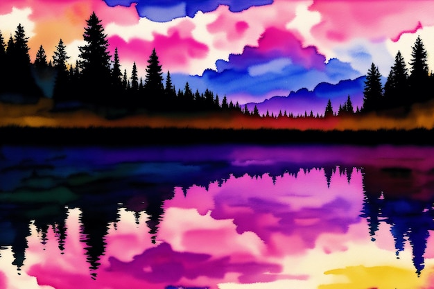 Una pintura de un lago con un cielo rosa y nubes.
