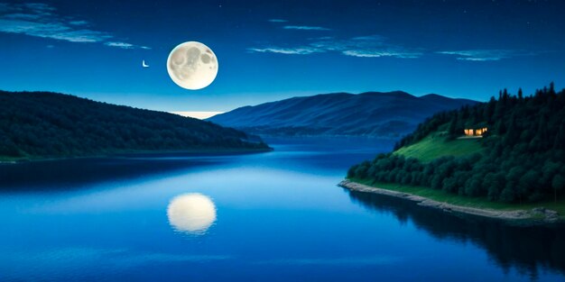 Una pintura de un lago con una colina y el cielo en el fondo foto real de la noche colorida de la luz de la luna re