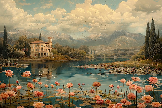 Foto una pintura de un lago con flores y un lago con montañas en el fondo